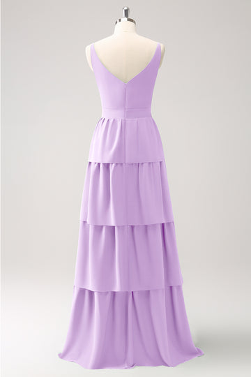 A-Line Lilac V-Neck Tiered Long Bridesmaid Dress
